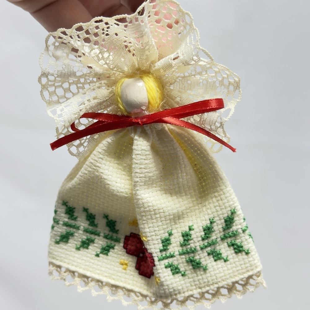(5) Vintage Handmade‎ Cross Stitch Angel Ornament Lace Bow Country Cottagecore